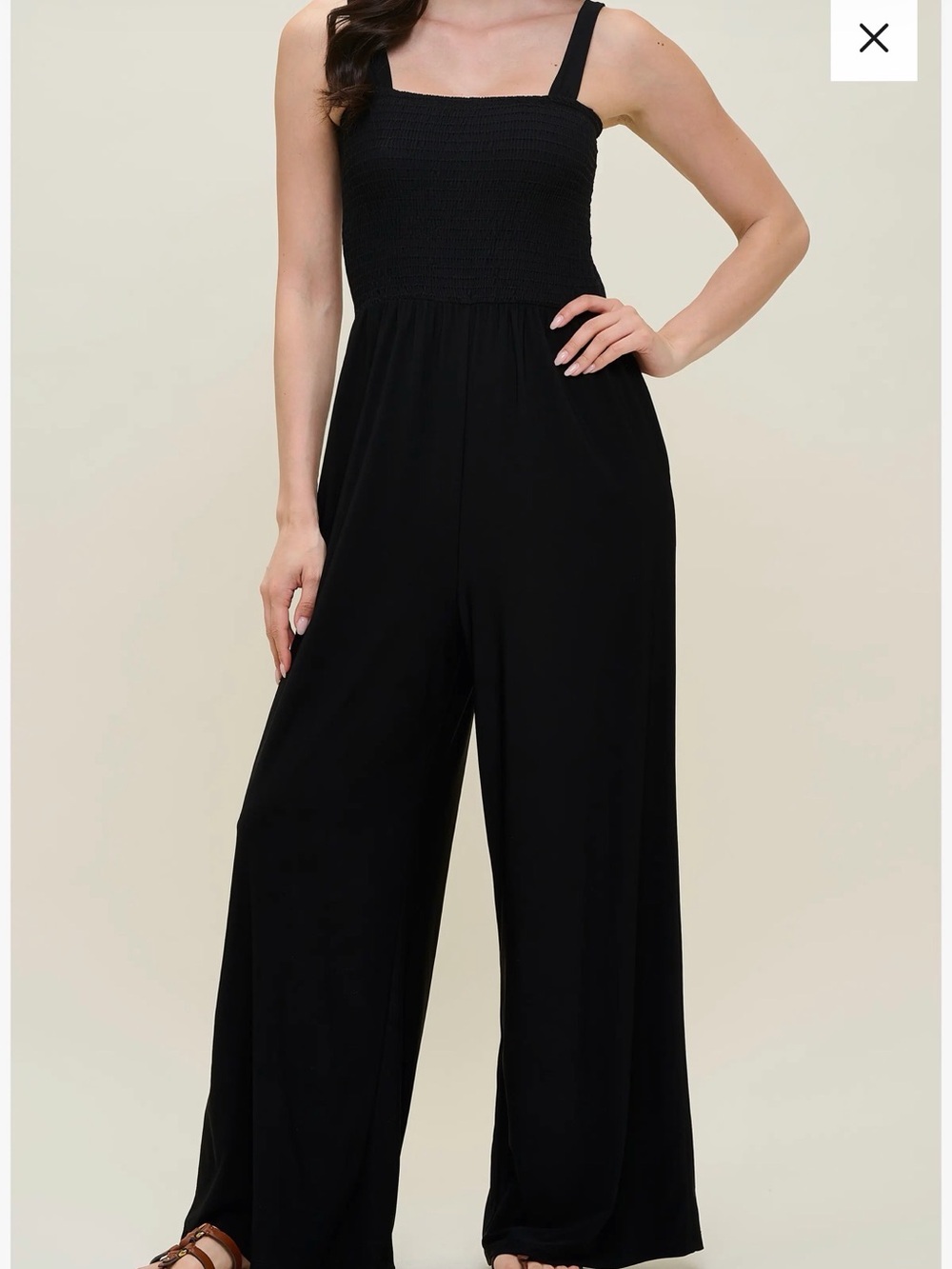 Black Wide-Leg Jumpsuit with Smocked Bodice